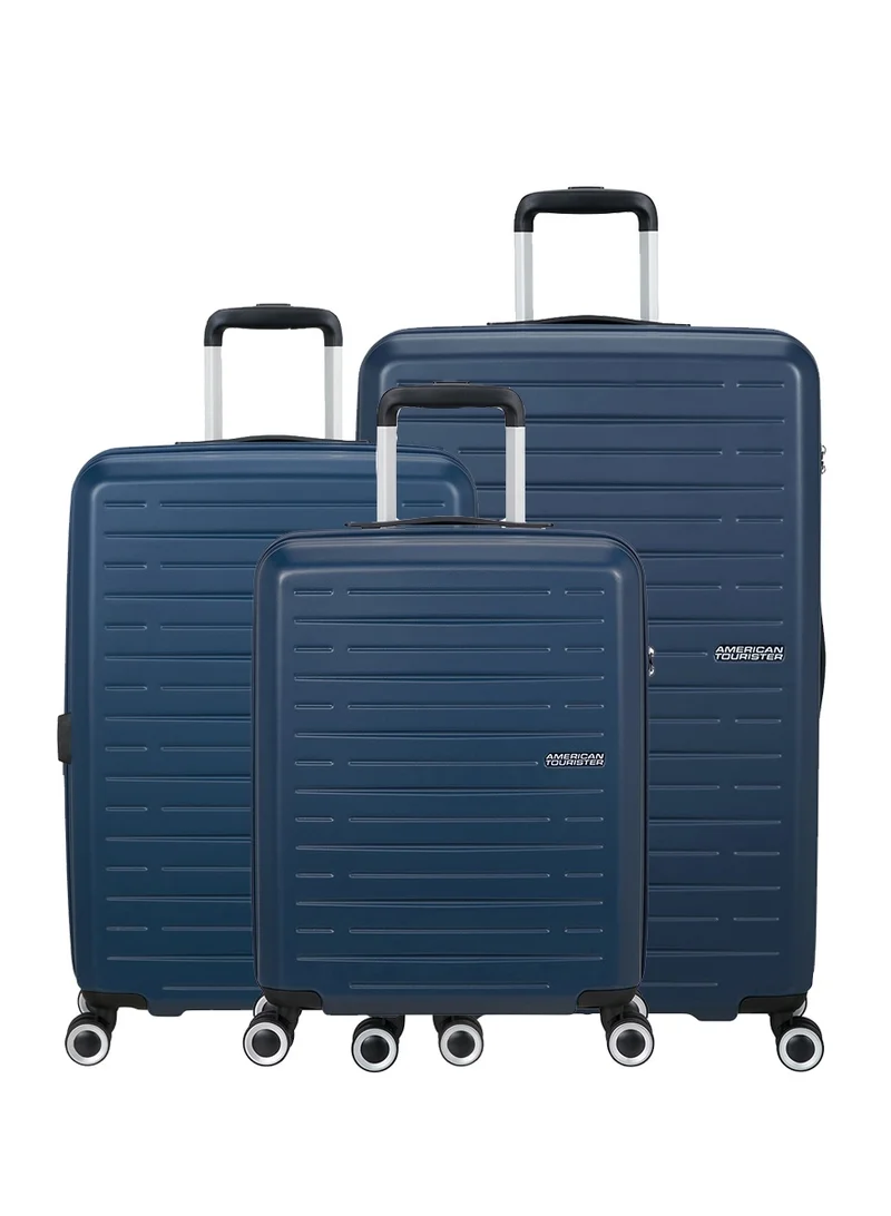 American Tourister Aerojoy Suitcase, 3pc Set (55 + 66 + 80 cm), 4 Spinner Wheels, Hard Top, ABS, Dark Blue|TSA Lock|Inner Mesh Zippered Divider|Cross Ribbons|Lightweight|Expandable - 3 Years International Warranty